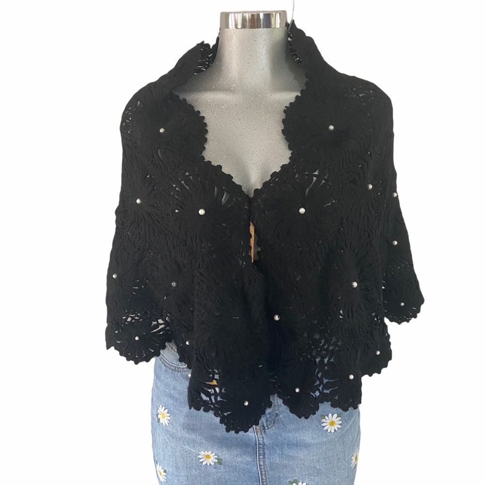Vintage Wool Crochet Shawl Poncho One Size Japan Pearl Embellished Open Knit